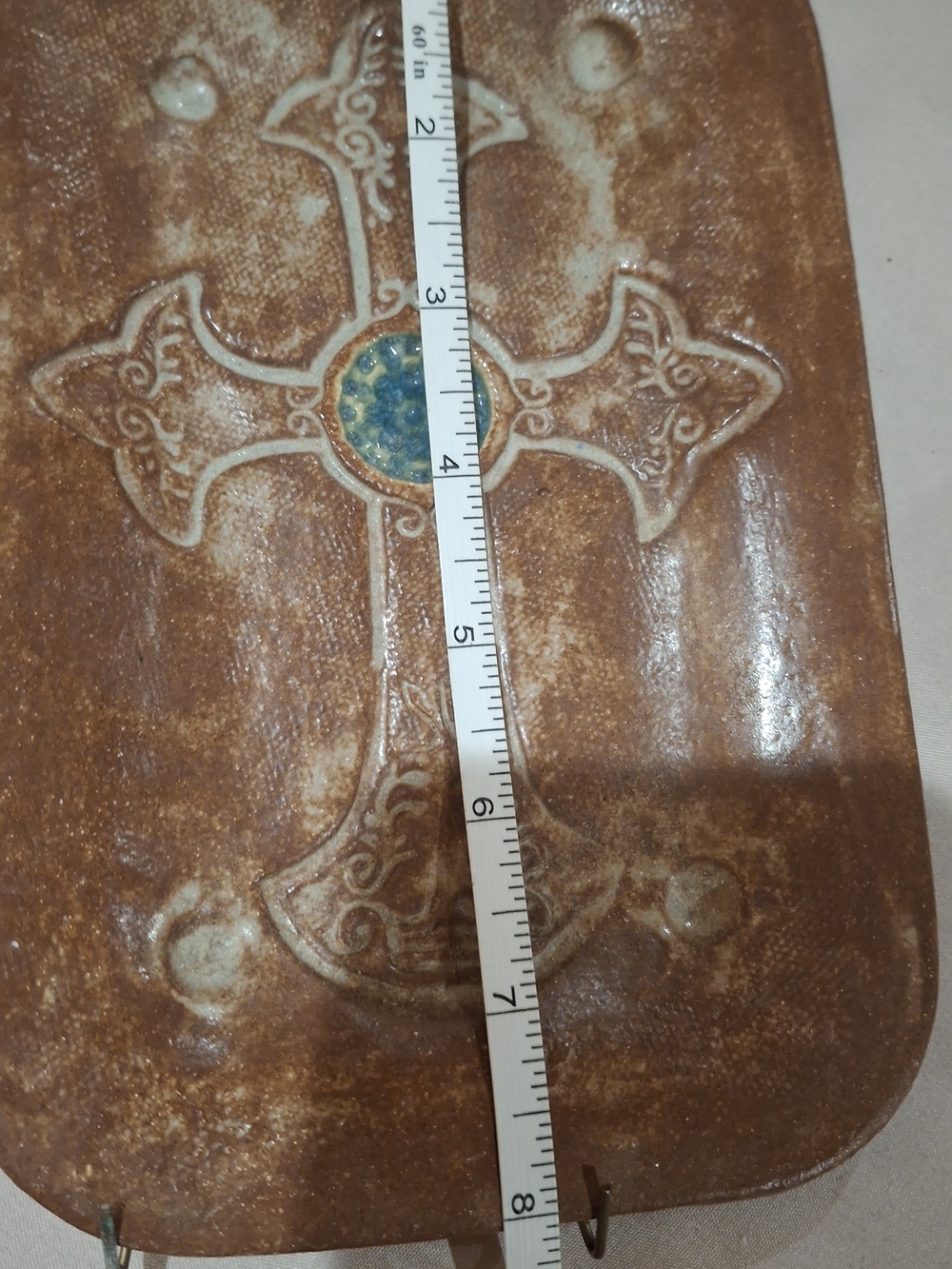 Decorative Brown Cross Wall Plaque with Blue Accent - Picture 3 of 4